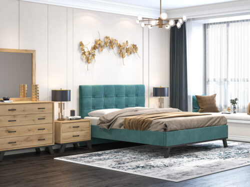 Bed N79 Blue Fabric & Honey Furniture