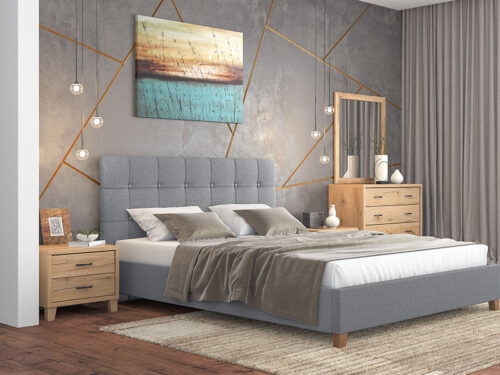 Bed N64 Light Grey Fabric & Honey Furniture