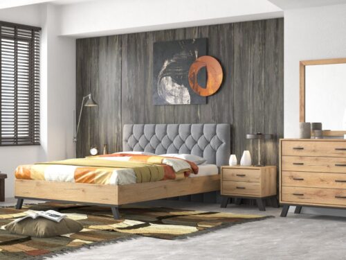 Bed Ν76 With Light Grey Fabric & Honey Furniture