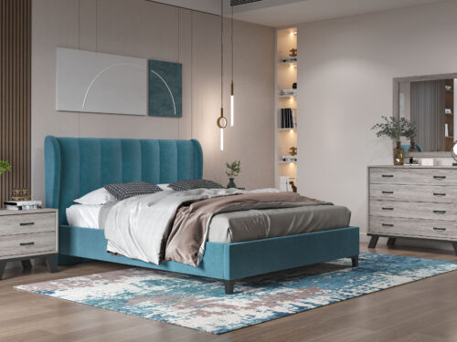 Bed N82 Blue Fabric & Ash Grey Furniture
