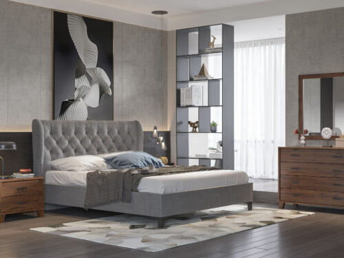 Bed N86 Dark Grey Fabric & New Walnut Furniture