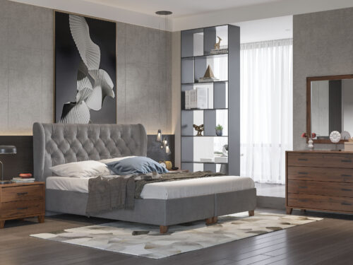 Trunk Bed N87 Dark Grey Fabric & New Walnut Furniture