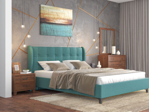 Bed N88 Blue Fabric & New Walnut Furniture