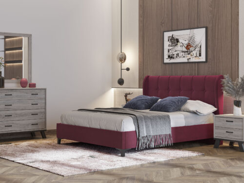 Bed N84 Burgundy Fabric & Ash Grey Furniture