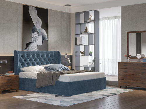 Trunk Bed N86 Blue Fabric & New Walnut Furniture