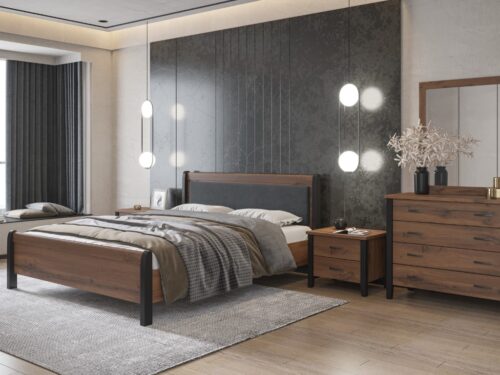 Bed N94 Black Fabric & New Walnut Furniture
